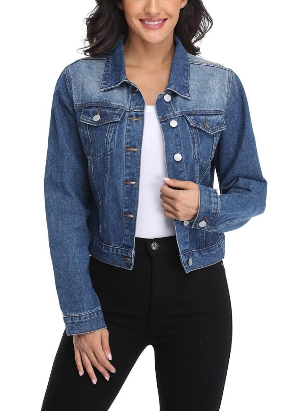 Cropped Denim Jacket for Women | Long Sleeve Button Down Jean Shacket with